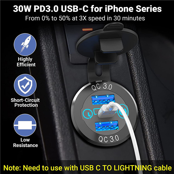 PD Type C Car Charger Socket & Dual Quick Charge 3.0 Ports Aluminium 60W USB C Triple 12V USB Socket Aluminium Car Chargeur (9)