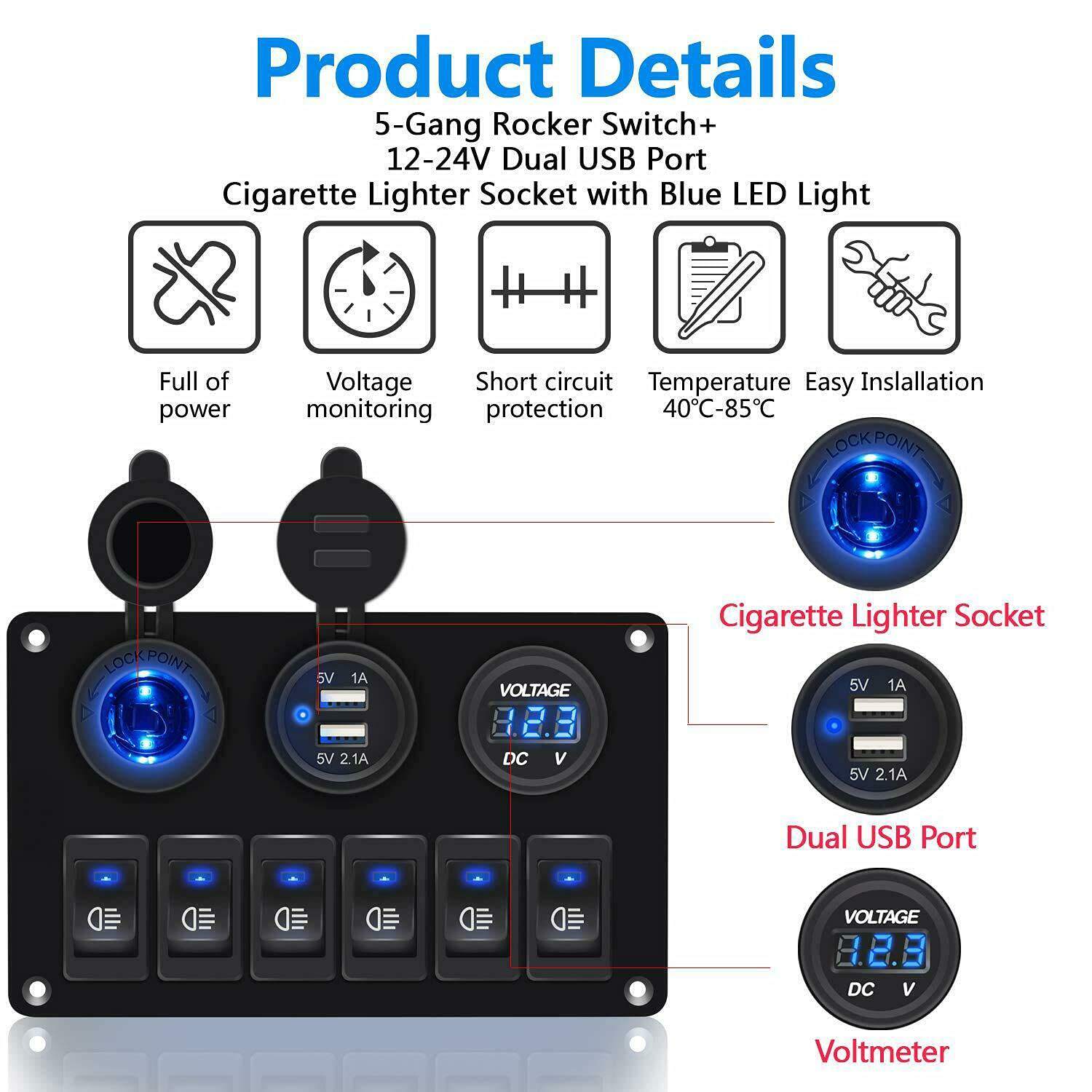 8gang Circuit LED Car Marine Waterproof 5 Pin Boat Rocker Switch Panel with  Fuse Dual USB Slot LED Light + Power Socket Breaker Voltmeter - China  Rocker Switch Panel, Power Socket