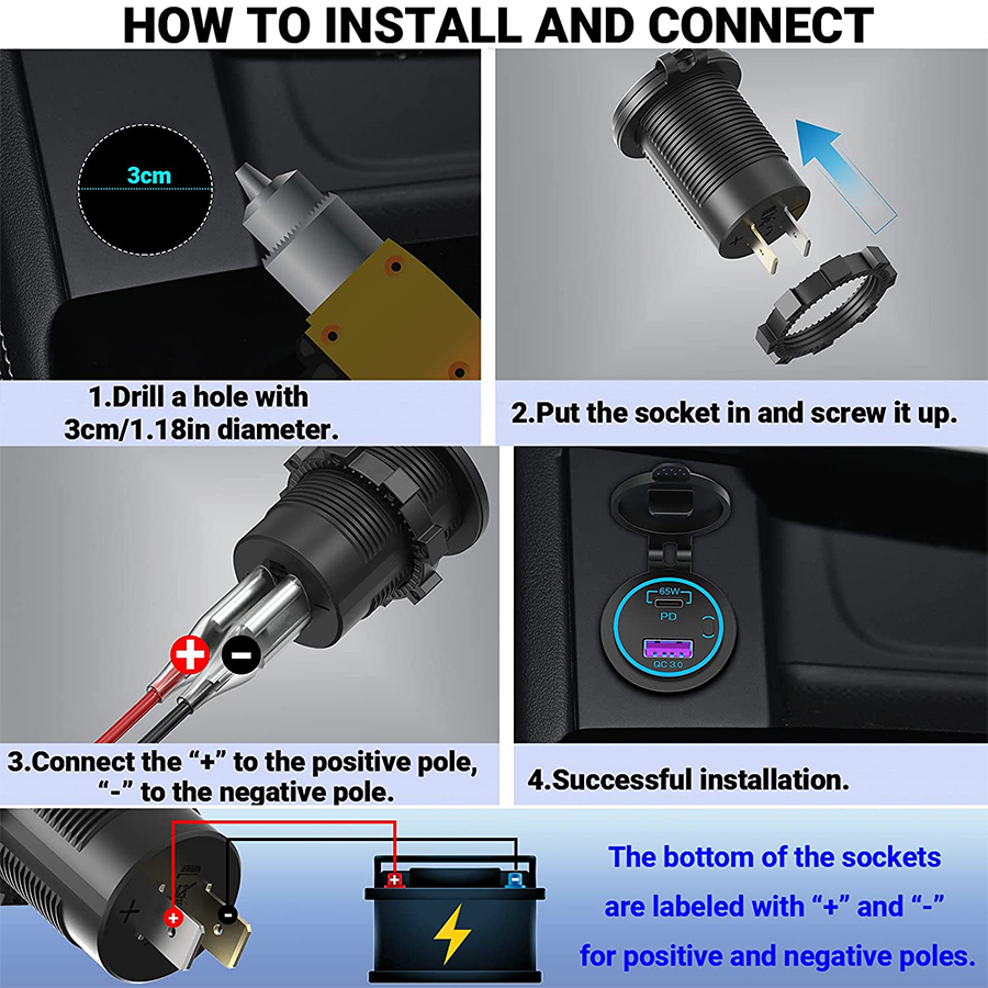 83W 12V USB Outlet Laptop Ladegerät 65W USB-C PD 3,0 & 18W QC 3,0